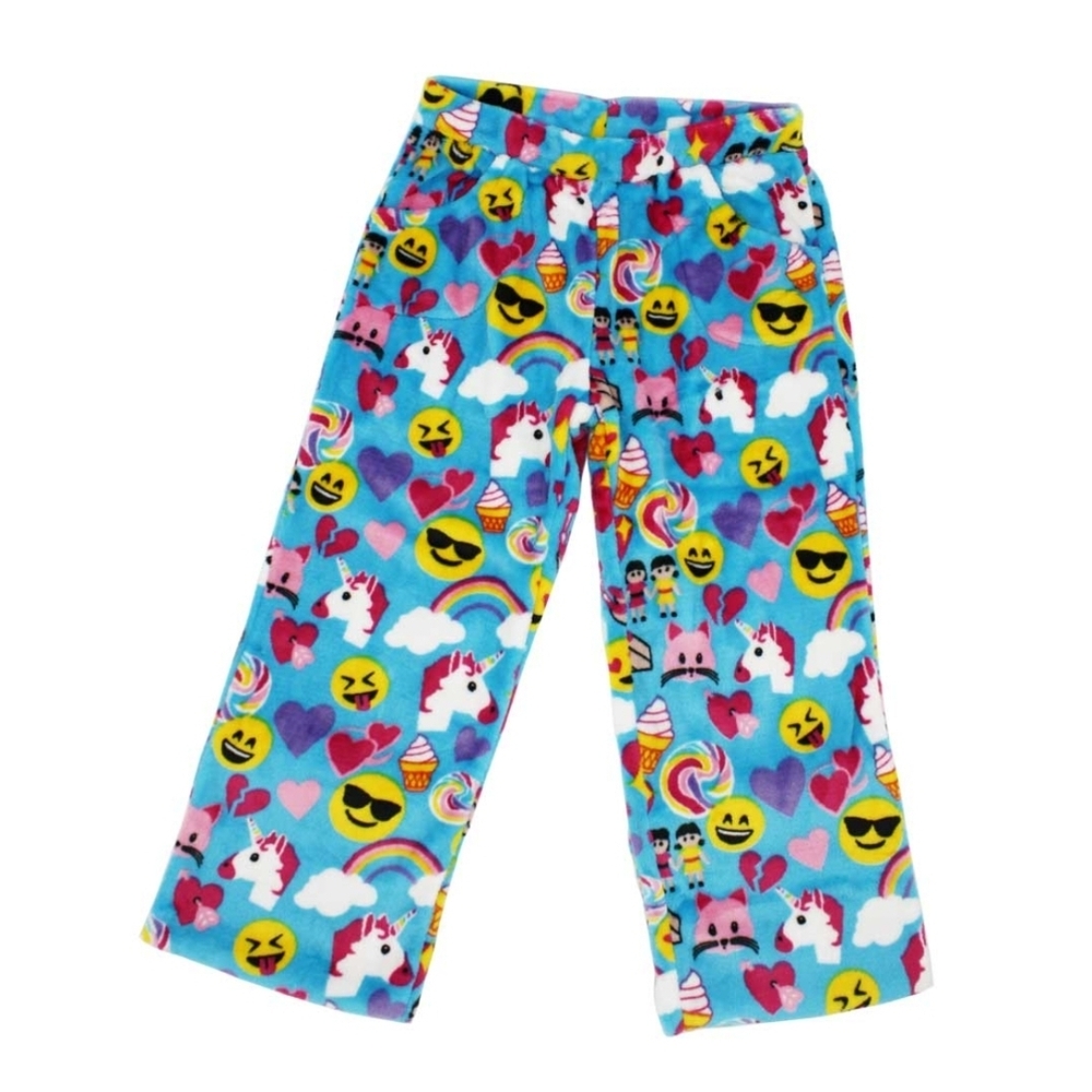 Candy Pink - Colorful Unicorn and Emoji Blue Fleece Pajama Bottoms - Size 10/12